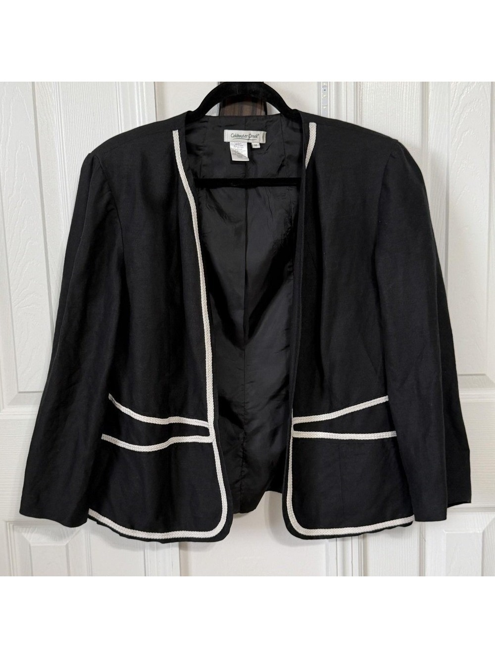 Coldwater Creek Black Linen Blend Open Front Blazer Jacket Size 14